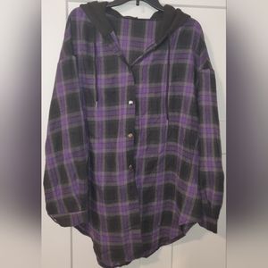 Plus Plaid Drawstring Hooded Blouse